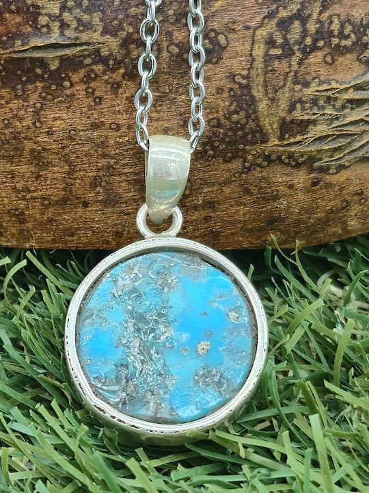 Necklace with Genuine Semi-Precious Turquoise Stone Bezel Silver Steel Chain