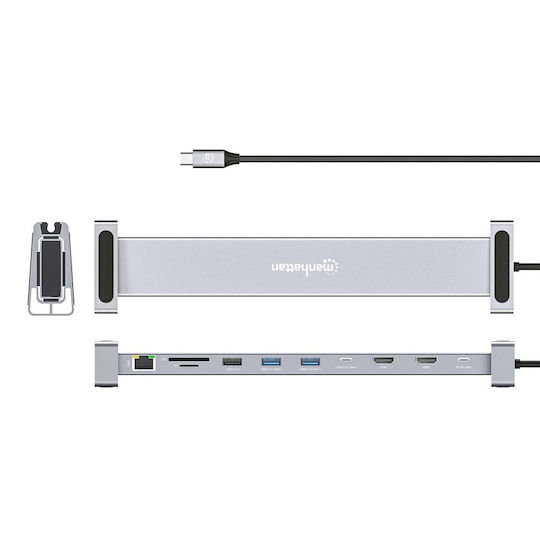 Manhattan USB-C Docking Station με HDMI 4K PD Ethernet και σύνδεση 2 Οθονών Γκρι (190398)