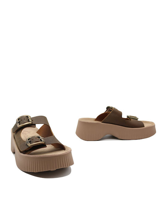 Fantasy Кожени Дамски Сандали Flatforms Кафяви