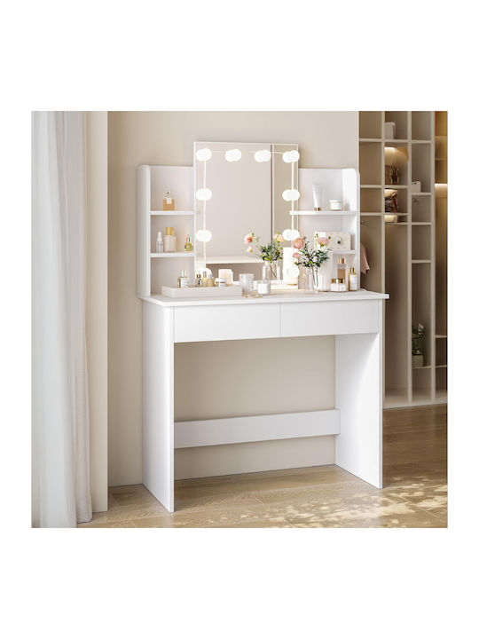 Floor-Standing Makeup Dressing Table Lauryn Wooden White with Mirror 101x40x139cm