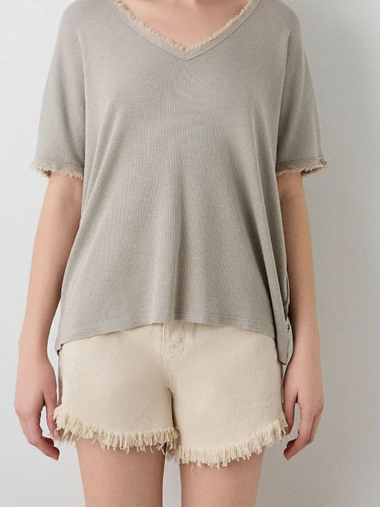Women's Blouse Short Sleeve with V Neckline Beige