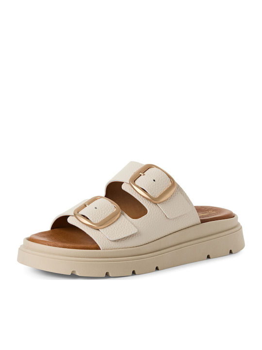 Leather Women's Flat Sandals in Ecru Color