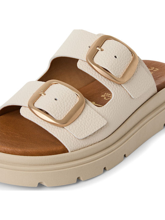 Leather Women's Flat Sandals in Ecru Color