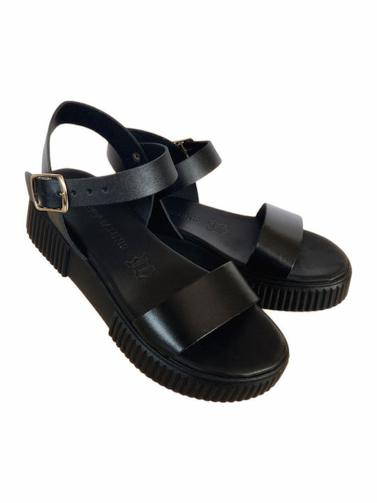 Leather Women's Flat Sandals Flatforms in Black Color