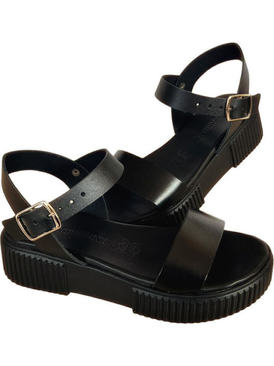 Leather Women's Flat Sandals Flatforms in Black Color