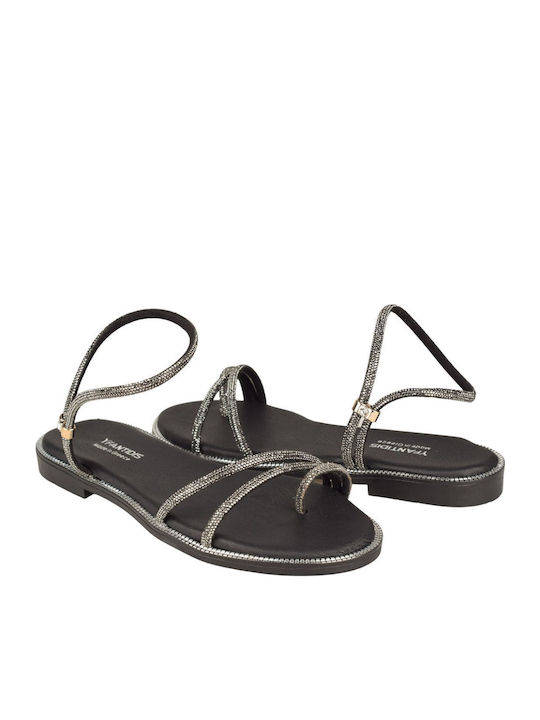 Leather Women's Flat Sandals in Black Color