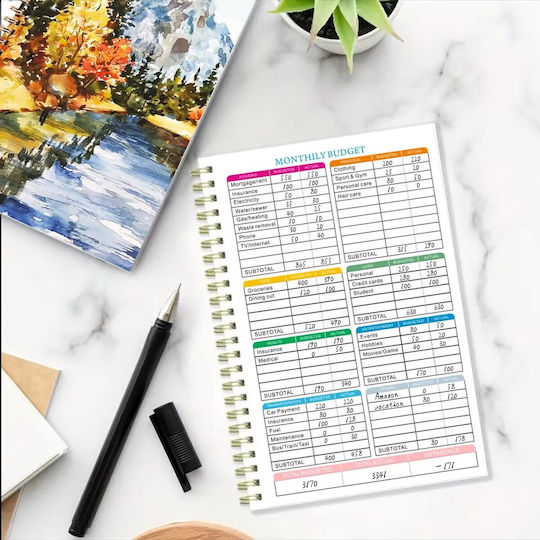 Undated Budget Planner Spiral-bound Plastic Cover Bullet Journal Style Monthly Organization In English A5 Black