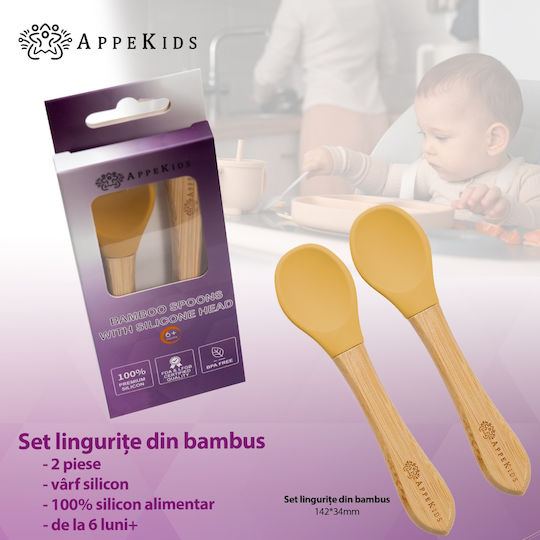 AppeKids Σετ Βρεφικά Μαχαιροπίρουνα με Ένδειξη Θερμοκρασίας από Bamboo για 6+ μηνών Μπεζ 2τμχ
