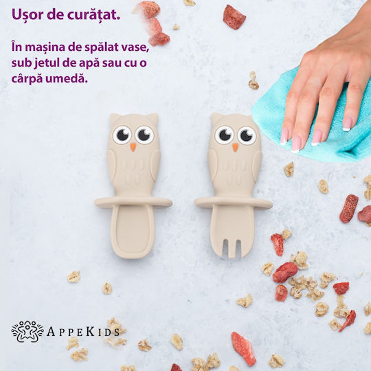 AppeKids Set Baby Besteck mit Temperaturanzeige aus Silikon für 6+ Monate Beige 2Stück