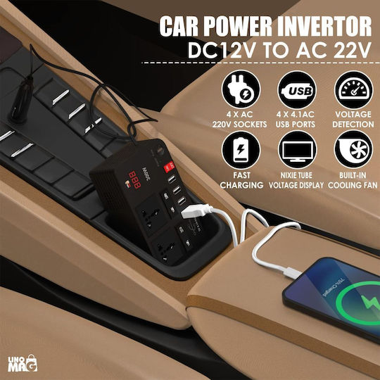 Invertor de tensiune auto portabil Linomag 12v DC la 220v AC 300w afișaj digital prize universale EU UK USA AU 4.1a USB protecție la supratensiune negru
