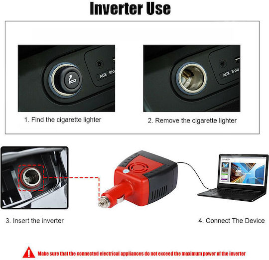 Invertor de Tensiune Auto DC 12V la AC 220V Linomag 150W Adaptor Priză UE UK SUA AU USB 2.1 Roșu Negru