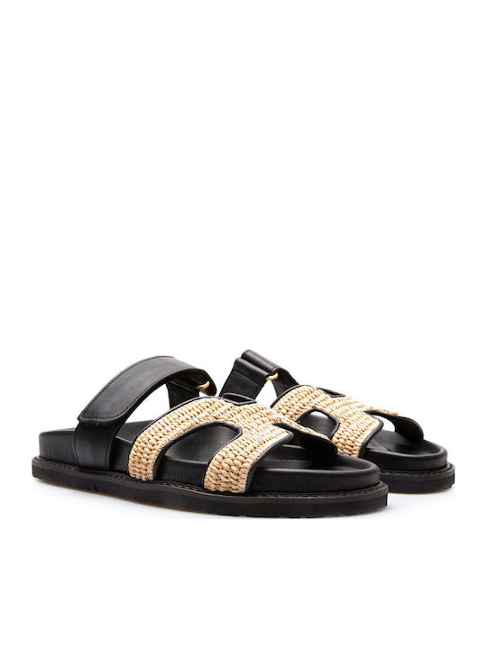 Leather Women's Flat Sandals Black Raffia