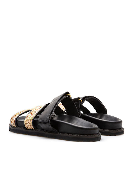Leather Women's Flat Sandals Black Raffia