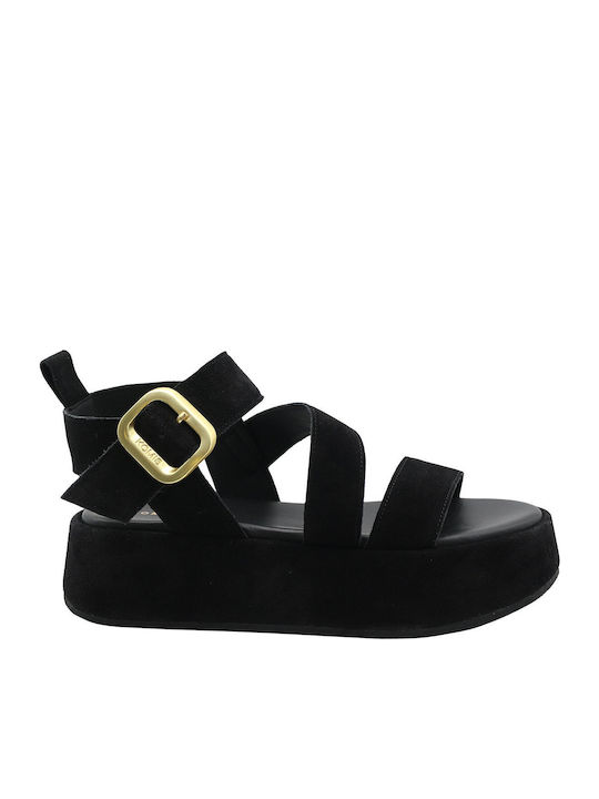 Δερμάτινα Γυναικεία Σανδάλια Flatforms Μαύρα