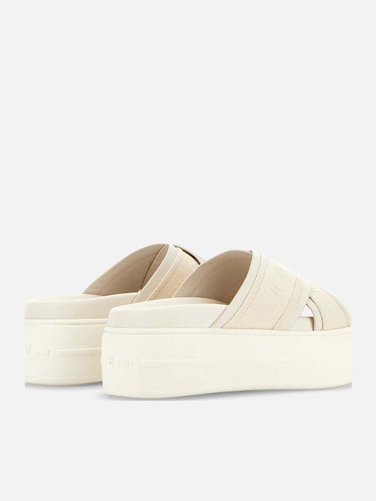 Leder Flache Sandalen für Damen Flatforms in Beige Farbe