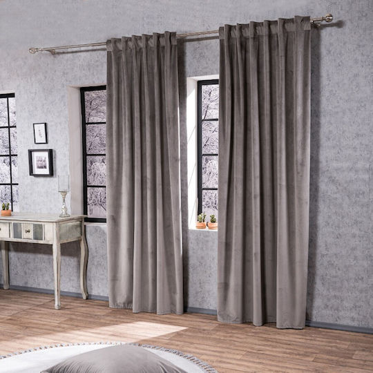 Teoran Κουρτίνα με Τρέσα Velvet Γκρί 140x260εκ.