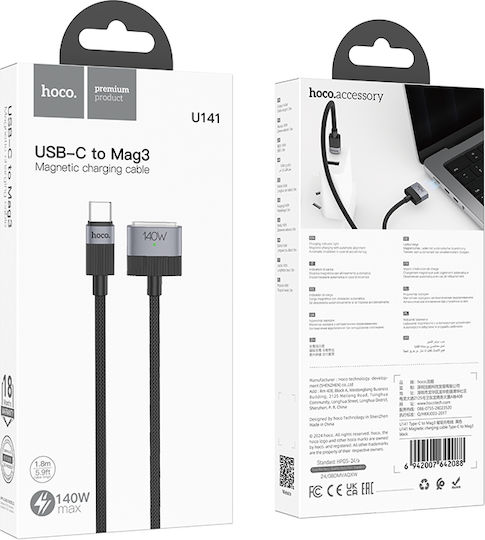 Hoco Cablu Magnetic Braided USB 2.0 USB-C Tată - Magsafe 3 140W PD Negru 1.8m