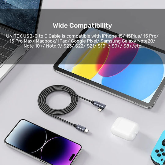 Unitek Angle (90°) USB 2.0 Cable USB-C male - USB-C 100W Μαύρο 2m C14123BK-2M