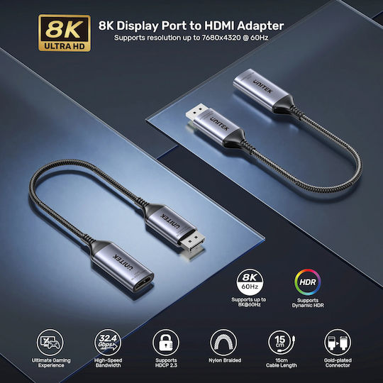 Προσαρμογέας Av Unitek Displayport Hdmi Γκρι V1611a01