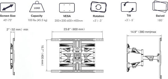 North Bayou TV Mount Ceiling with Arm up to 75" and 45kg Black