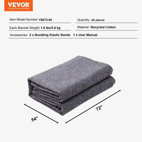 Vevor Moving Blankets 72" X 54" Weight 21 Lbs Dz 24 Pack Professional Packing Blanket Recycled Cotton Large Heavy Duty Moving Pads Ideal for Protection of Furniture Floors Appliances
