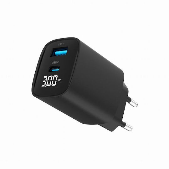 Gembird Зарядно без кабел с USB-A порт и USB-C порт 30W Power Delivery / Quick Charge 3.0 Черен (TA-UC-PDQC30LCD-BK-01)