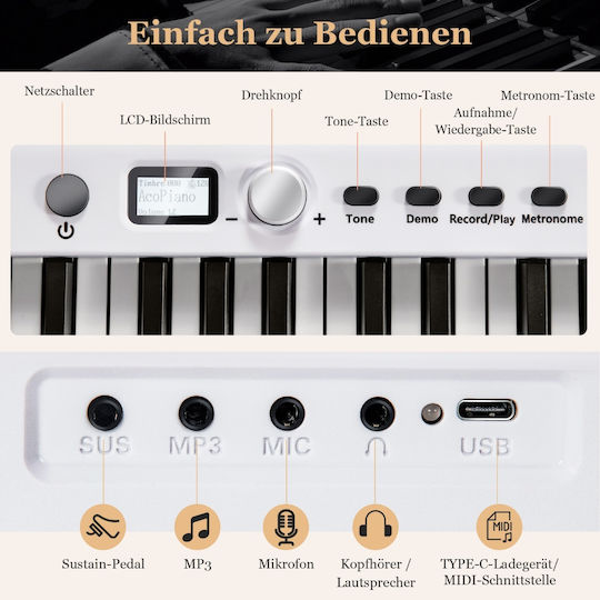 Costway Electric Stage Piano MU10090DE-WH with 88 Semi-Weighted Keys and Connection with Headphones