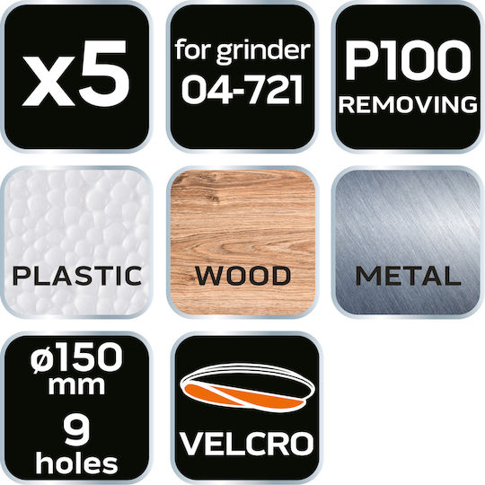 150 Mm Sanding Discs P100 5 Pcs 9 Holes 04-721