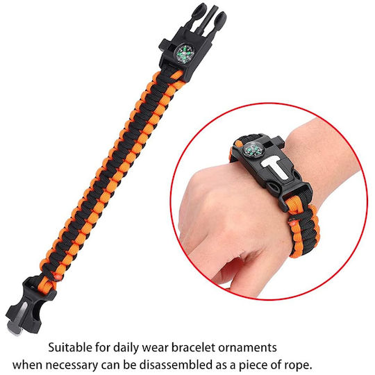 4 1 Survival Kit Bracelet with Compass Knife Sparkler & Whistle Orange