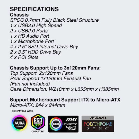 Armaggeddon Tron VII Gaming Mini Tower Κουτί Υπολογιστή με Πλαϊνό Παράθυρο και RGB Φωτισμό Μαύρο