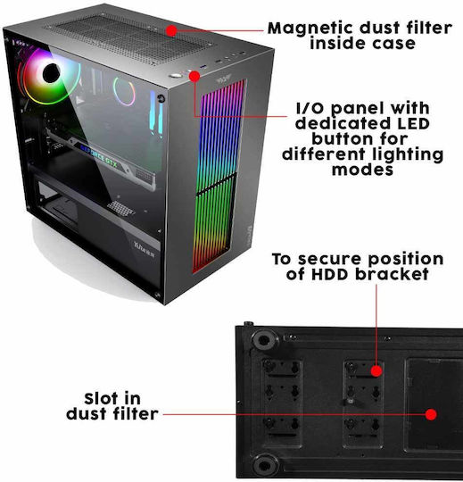 Armaggeddon Tron VII Gaming Mini Tower Κουτί Υπολογιστή με Πλαϊνό Παράθυρο και RGB Φωτισμό Μαύρο