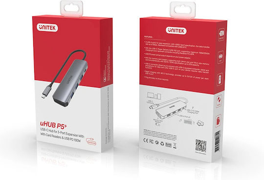 Unitek USB Hub 5 Ports USB 3.2 with USB-C Connecting to a Computer Gray