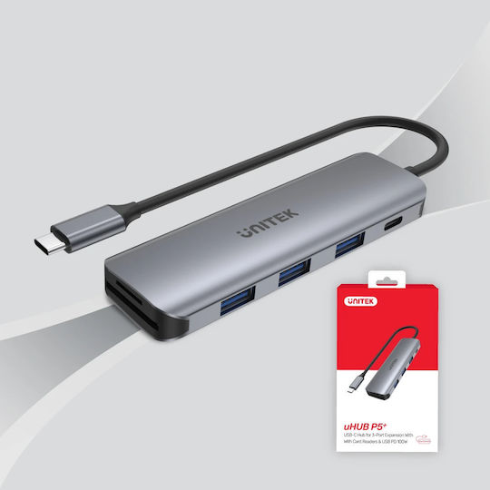 Unitek USB Hub 5 Ports USB 3.2 with USB-C Connecting to a Computer Gray