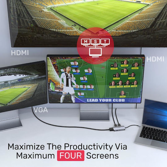 Unitek uHUB P5 Trio USB-C Docking Station with HDMI 4K PD and Connection for 3 Grey Monitors