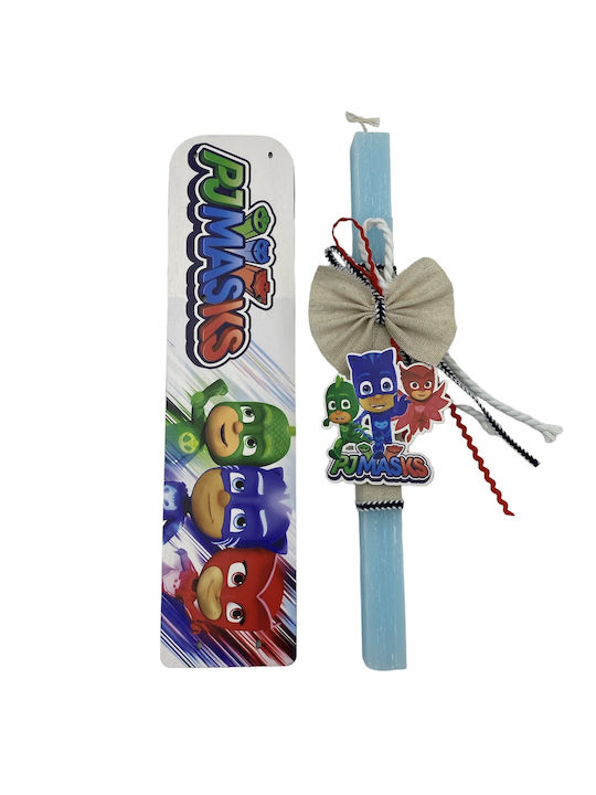 Handgemachte PJ Masks Kerze für Jungen mit Holzmagnet und Holzsockel im gleichen Thema Duftkerze Höhe 30cm Geschenkverpackung inklusive