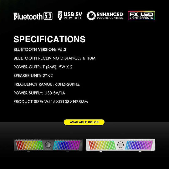 Sonic Gear Iox Bar 3 Ηχεία Υπολογιστή 2.0 με RGB Φωτισμό και Bluetooth Ισχύος 10W Λευκά