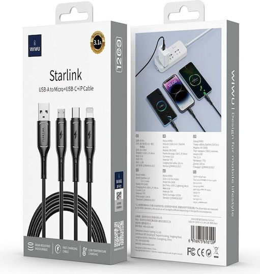 Wiwu Data Regular USB to Lightning / Type-C / micro USB Cable 3.1A Μαύρο 1m