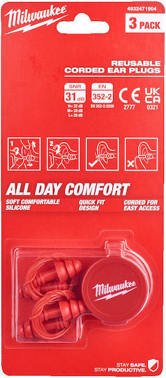 Milwaukee Silicone Earplugs with Safety Cord in Red Colour 4932471904 3 Pieces