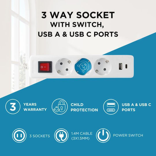 GSC Power Strip 3 Positions with USB-A, 1 USB-C, Switch and Cable 1.4m