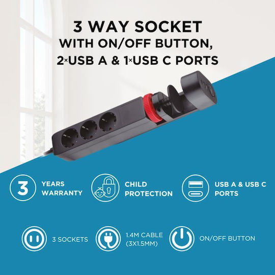GSC Power Strip 3 Positions with USB-A, Switch and Cable 1.4m