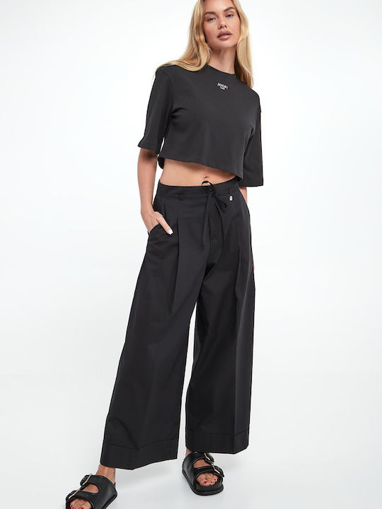 パンツ LIU JO Woman Pants Black WA5276T3051 22222 Cotton trousers with wide legs in black brand LIU JO