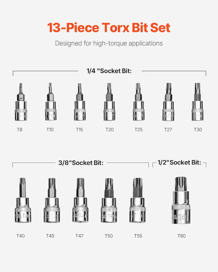 Torx-Bit-Steckschlüsselsatz 13-teilig Stern T8 T60 Satz S2 legierter Stahl Cr-V Stahl