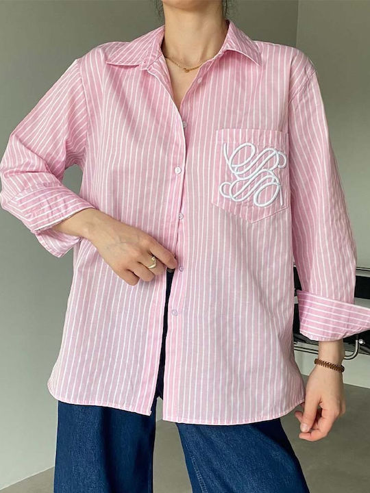 Mânecă lungă Femei Cămașă Pink Cu dungi
