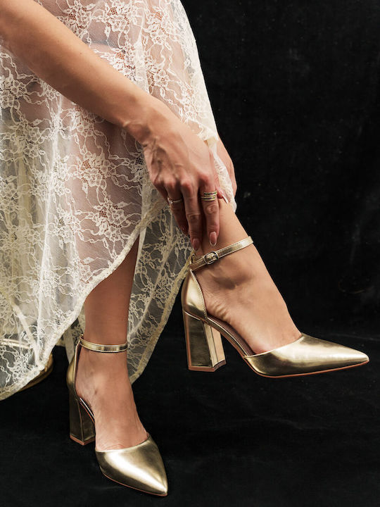 Pantofi cu Toc Gros Aurii Minimal Nude
