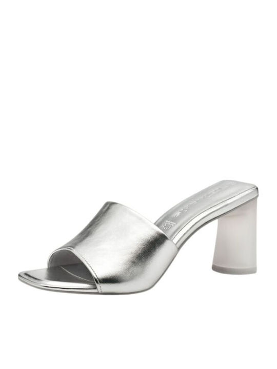 Leder Mules mit Chunky Hoch Absatz in Silber Farbe