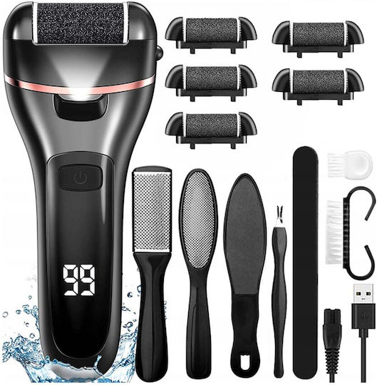 Set Newevo Pila Electrică pentru Călcâie cu Afișaj Digital, Baterie 1200 mAh, 2 Viteze, 2400 Rpm, 6 Capete Incluse, Lanternă LED, Accesorii Incluse, Îndepărtează Pielea Moartă