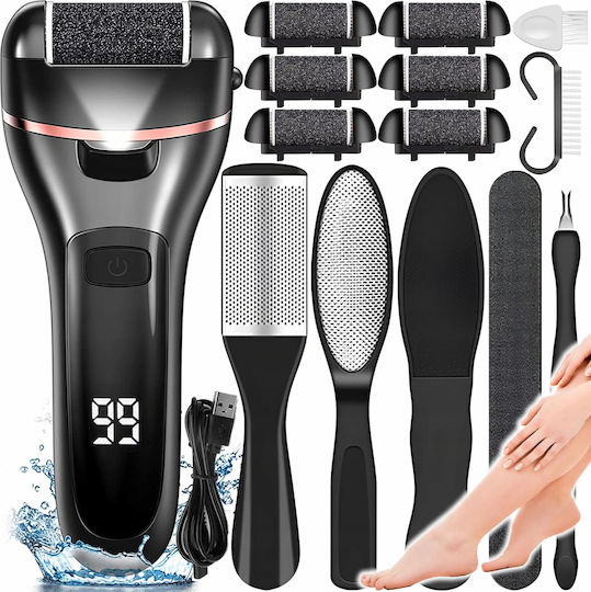 Set Newevo Pila Electrică pentru Călcâie cu Afișaj Digital, Baterie 1200 mAh, 2 Viteze, 2400 Rpm, 6 Capete Incluse, Lanternă LED, Accesorii Incluse, Îndepărtează Pielea Moartă
