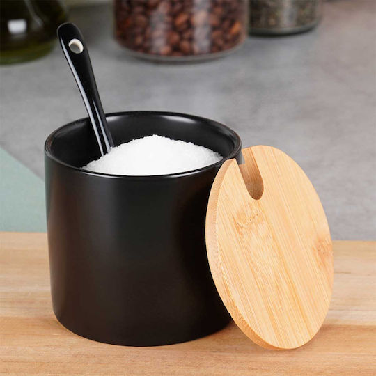 Schwarze Keramik-Zuckerdose mit Löffel 139681