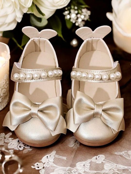 Kids Leather Ballerinas with Hoop & Loop Closure Gold