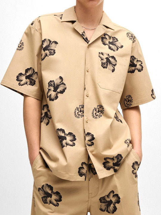 Eligino Short-sleeved Cotton Shirt Floral Beige-black